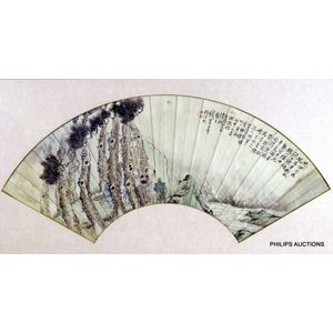 A fine antique Chinese watercolour decorated folding fan, Qing…