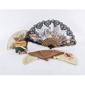 Five decorative fans and boxed set of opera glasses, 19th and…