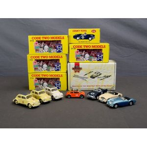 Seven boxed Dinky Code 2 models. Including 4 VW; & 3 Austin…
