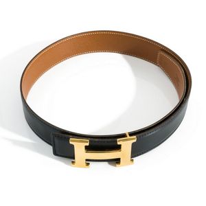 Hermes Black and Gold Leather Belt with 'H' Buckle - Belts - Costume ...