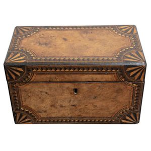 A fine George III inlay mahogany tea caddy, circa 1800, the top…