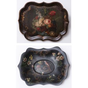 A Victorian papier mache tray and a bowl, mid 19th century, the…