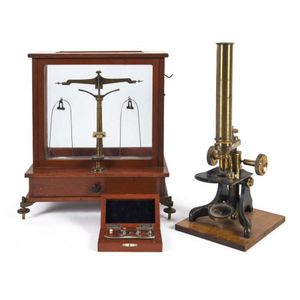 Scientific balance scales, boxed weights and antique brass…