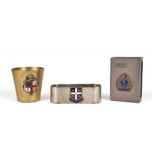 Enamel and silver vesta, silver plated napkin ring and a gold…