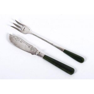 A child's sterling silver knife and fork with greenstone…