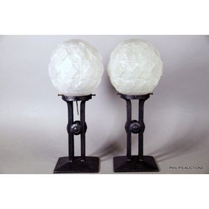 A pair of frosted glass and metal Ware table lamps, frosted Art…