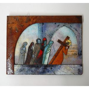 A vintage enamelled copper ecclesiastical themed artwork, the…