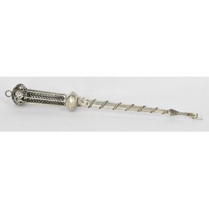 A silver torah yad, with openwork dome finial. Bearing stamps A.…