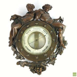 Bronze figural barometer featuring male and female classical…