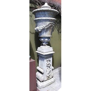 Composite Stone Urns With Swan Neck Handles And Plinths - Decorative 