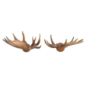 A pair of large elk antlers on individual wooden shields,…