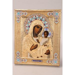 Russian gilt silver and enamel icon, impressed makers marks, of…
