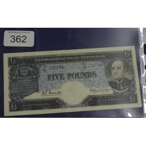 Two Commonwealth of Australian 5 pound notes, both signed…