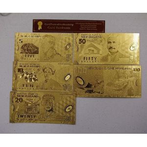 Five New Zealand gold banknotes 5, 10, 20, 50 and hundred…