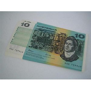 Eleven Australian $10 bank notes, ten consecutive notes…