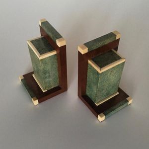 Pair of shagreen, bone and mahogany bookends, c. 1925, of…