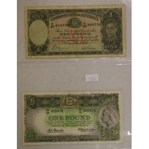 Two Australian one Pound notes 1. Sheehan & McFarlane, C:1940 2.…