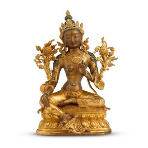 A large and fine Tibetan gilt-bronze seated figure of green&hellip;