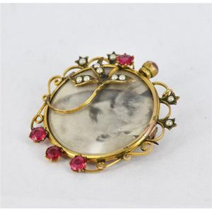 9ct Pearl and Red Stone Mourning Brooch - Brooches - Jewellery