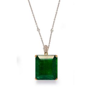 Emerald And Diamond Pendant With 80.88 Ct Zambian Emerald - Pendants 