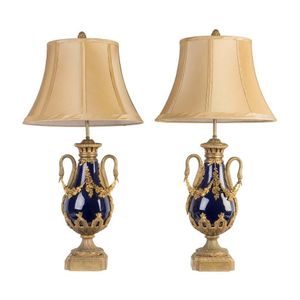 Pair of Austrian Neoclassical Style Cut Crystal and Ormolu Bronze Table  Lamps, Mid century
