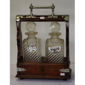 Vintage oak dual crystal decanter tantalus in oak frame with…