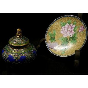 A champleve enamel lidded jar with lion dog finial and a…