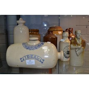 Two bung jars, beer bottle, water bottle and bed warmer, approx…