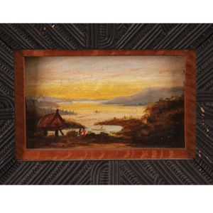 J P Backhouse, 'Maori canoe, Storehouse on lake edge', oil on…