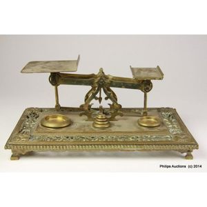 Antique Postal Scales, Letter Scales, Inland Letters, Scales With Weights,  8 Ounce Weight, Wood and Brass, Industrial Look, Desk Feature 