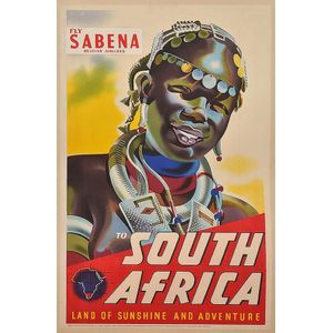 South African Tourism travel poster. C. 1930s, 'Fly Sabena…