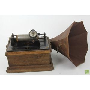 Edison 'Fireside' phonograph and record rolls in oak case and…