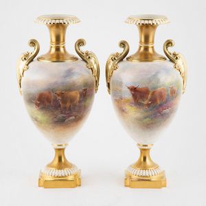Pair Royal Worcester mantel vases, handled ovoid bodies painted…