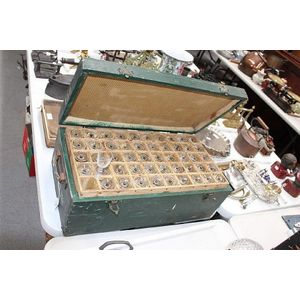 Painted pine lidded box with approx 100 liqueur glasses, box 22…
