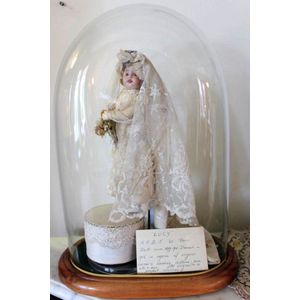 SFBJ china head doll in glass dome (doll C1899-1910) dress…