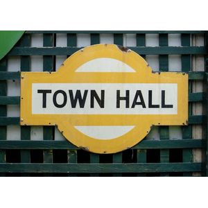 Town hall station sign. Small original 1932 porcelain enamel on…