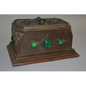 Antique bronze jewel casket, studded strap work with green…