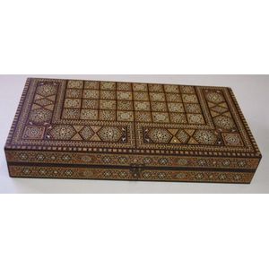 Inlaid mother of pearl wooden backgammon box, approx 50 y 25 by…