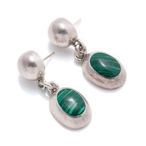 A pair of Mexican silver malachite earring, oval drops with…