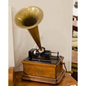 Edison Cylinder phonograph with brass horn, c1900.
