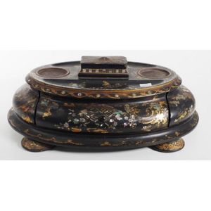 Victorian English black japanned desk stand with gilt and…