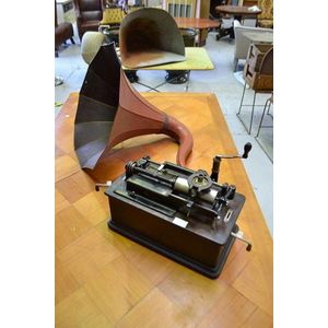 Antique Edison home phonograph cylinder with painted horn,…