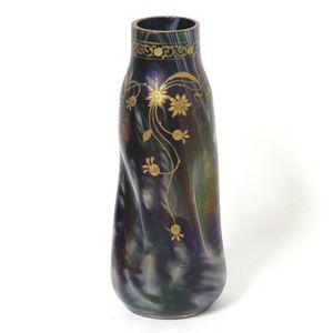 A French Art Nouveau glass vase, mottled purple with enamel…