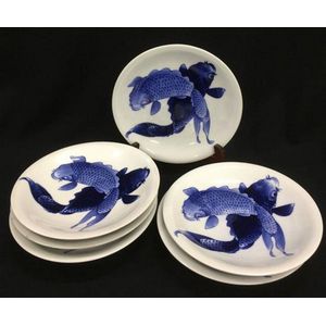 Six Japanese blue & white dishes, painted with Entwined…