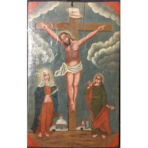 An early 20th century religious panel, Christ on the cross, oil…
