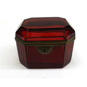 A Victorian ruby glass & brass trinket box, late 19th century,…