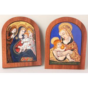Pair of framed enamelled religious Icons, by Kamilla Szakos, on…