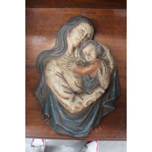 The Virgin Mary with child carved wooden panel, approx 36 cm…