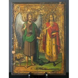 Early Eastern icon Angel & Saint, dated 1878. Modern label…