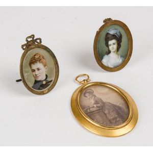 Three miniature portraits, two photographic and one painted on…